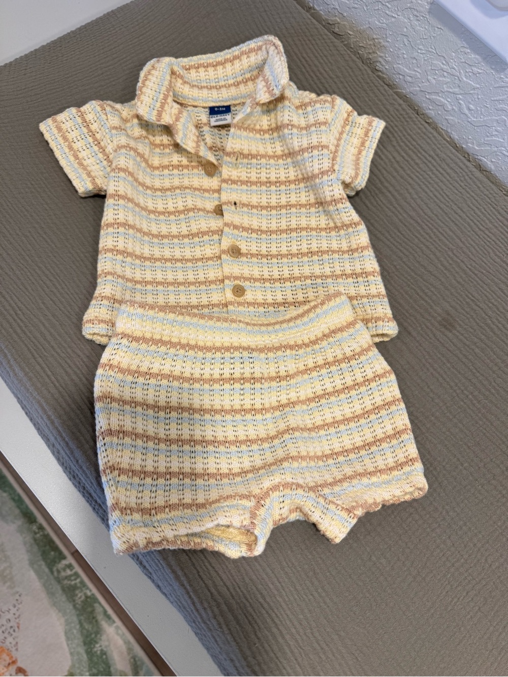 Old Navy Baby Shorts outfit in Cream, Light Blue, Pale Yellow, Tan